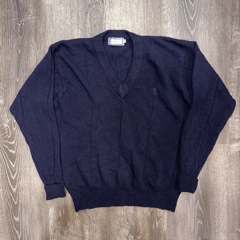 VTG YSL Yves Saint Laurent 80s LambsWool Sweater M Navy Cricket Knit Pullover